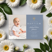 Dusty Blue Religious Cross Boy Foto Baptisme Kaart