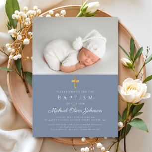 Dusty Blue Religious Cross Boy Foto Baptisme Kaart