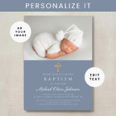 Dusty Blue Religious Cross Boy Foto Baptisme Kaart