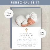Dusty Blue Religious Cross Boy Foto Baptisme Kaart