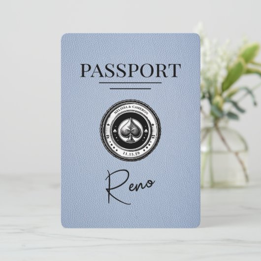Dusty Blue Reno Passport Bewaar de datum Save The Date (Staand voorkant)