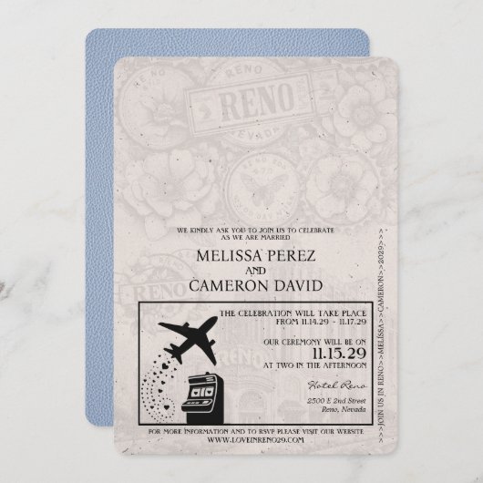 Dusty Blue Reno Passport Wedding Invitation Kaart (Voorkant / Achterkant)