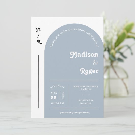 Dusty Blue Retro Arch Photo QR Code RSVP Groovy Kaart (Staand voorkant)