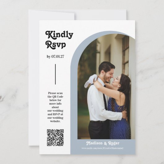 Dusty Blue Retro Arch Photo QR Code RSVP Groovy Kaart (Achterkant)