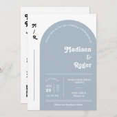Dusty Blue Retro Arch Photo QR Code RSVP Groovy Kaart (Voorkant / Achterkant)