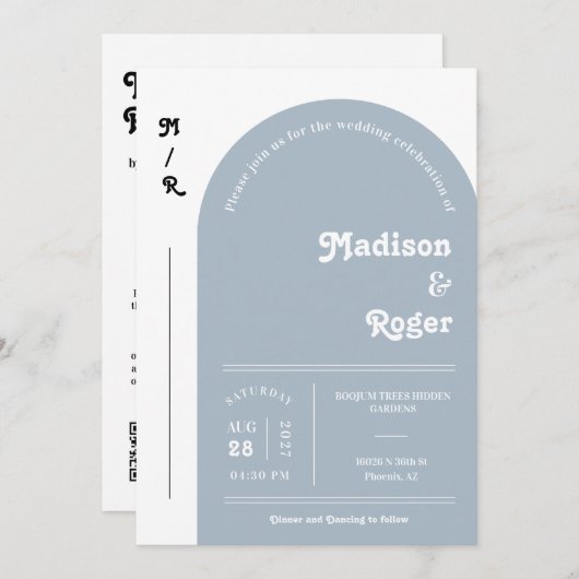 Dusty Blue Retro Arch Photo QR Code RSVP Groovy Kaart (Voorkant / Achterkant)