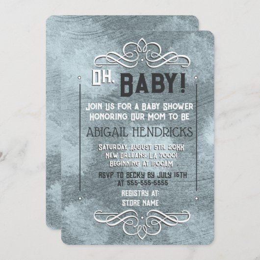 Dusty Blue Retro Art Deco Style Baby shower Kaart (Voorkant / Achterkant)
