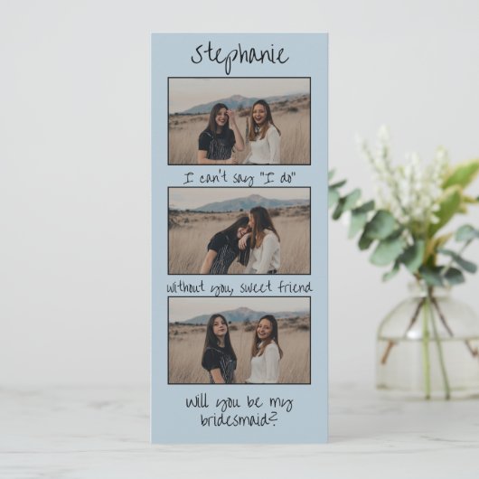 Dusty Blue Retro Fotostrip Bruidsmeisje voorstel Save The Date (Staand voorkant)