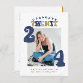 Dusty Blue Retro Groovy Fun Scrip Photo Afstuderen Uitnodiging Briefkaart (Voorkant / Achterkant)