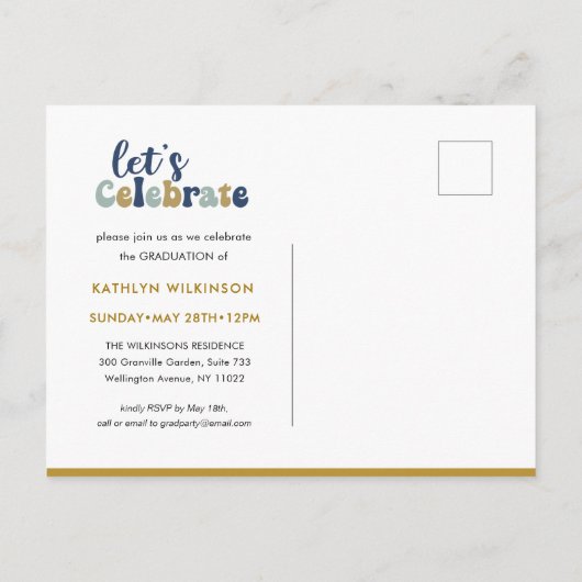 Dusty Blue Retro Groovy Fun Scrip Photo Afstuderen Uitnodiging Briefkaart (Achterkant)