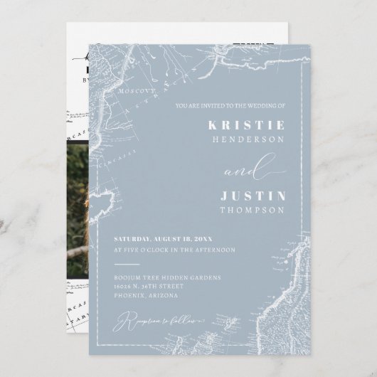 Dusty Blue Retro Reizen QR Code Foto Bruiloft Kaart (Voorkant / Achterkant)