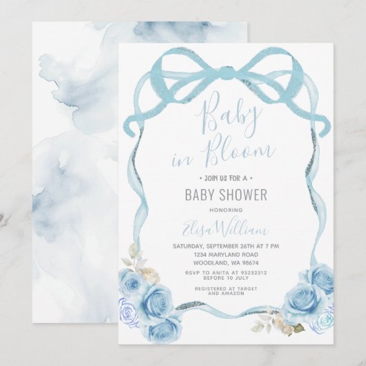 Dusty Blue Ribbon Bow Baby in Bloom Kaart (Voorkant / Achterkant)