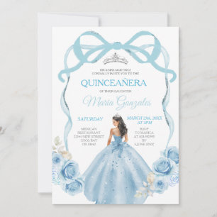 Dusty Blue Ribbon Bow Princess Mis Quince Kaart