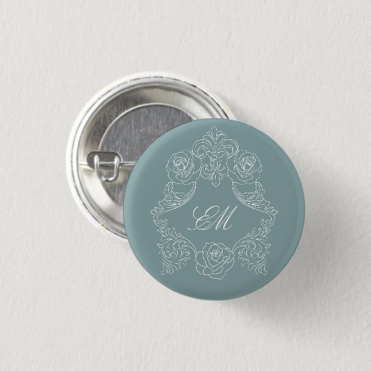 Dusty Blue Rococo Crest Monogram Ronde Button 3,2 Cm (Voorkant /achterkant)