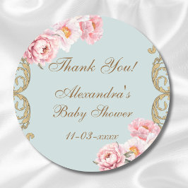 Dusty Blue Rococo Floral Baby shower Bedankt Ronde Sticker