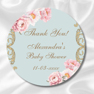 Dusty Blue Rococo Floral Baby shower Bedankt Ronde Sticker