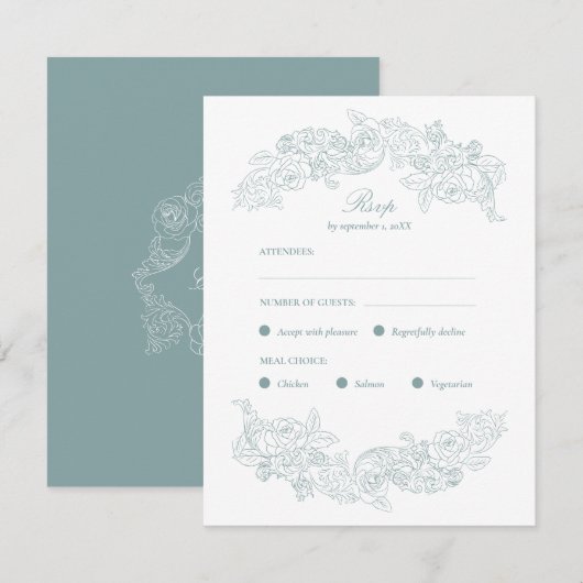Dusty Blue Rococo Meal Choice RSVP-kaart RSVP Kaartje (Voorkant / Achterkant)
