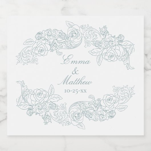 Dusty Blue Rococo Ornament Wedding Logo Sparkling Wijnetiket (Enkel label)