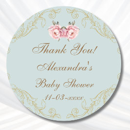 Dusty Blue Rococo Peony Baby shower Bedankt Ronde Sticker