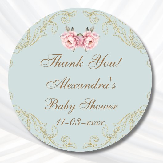 Dusty Blue Rococo Peony Baby shower Bedankt Ronde Sticker