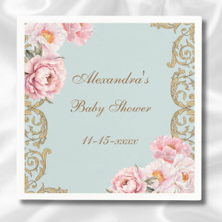 Dusty Blue Rococo Pink Floral Baby shower Servet