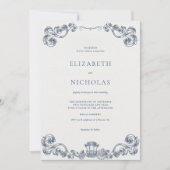 Dusty Blue Rococo Revival Wedding Invitation Kaart (Voorkant)