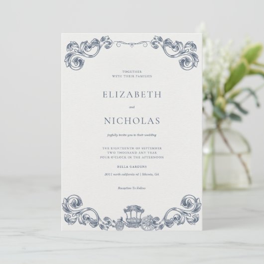 Dusty Blue Rococo Revival Wedding Invitation Kaart (Staand voorkant)