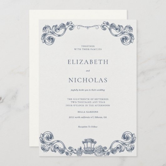 Dusty Blue Rococo Revival Wedding Invitation Kaart (Voorkant / Achterkant)