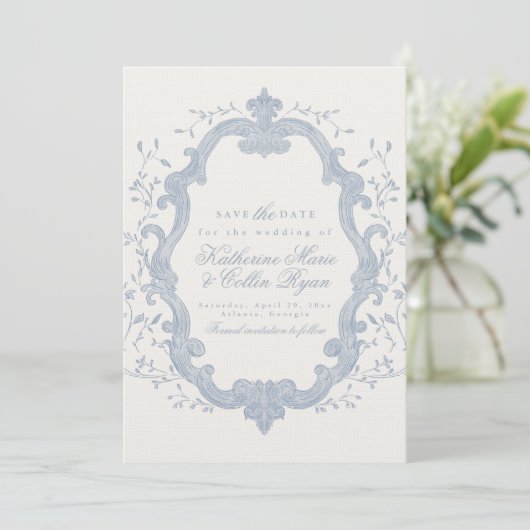 Dusty Blue Rococo Save The Date Card Kaart (Staand voorkant)