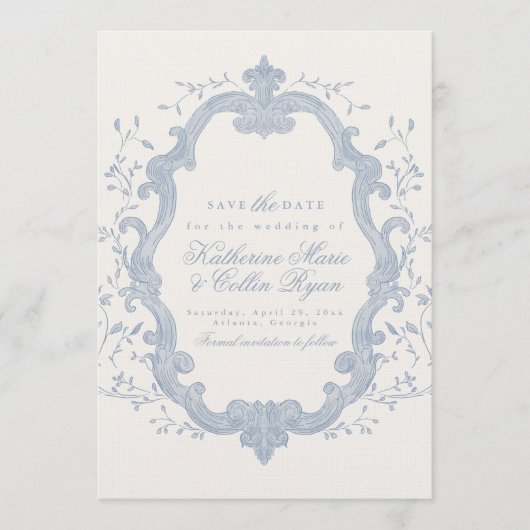 Dusty Blue Rococo Save The Date Card Kaart (Voorkant)