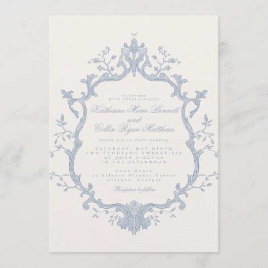Dusty Blue Rococo Wedding Invitation Kaart (Voorkant)