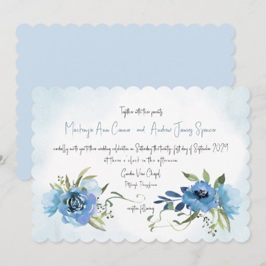 Dusty Blue Romance Floral Waterverf Kaart (Voorkant / Achterkant)