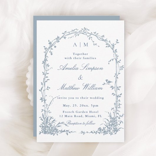 Dusty Blue Romantic Botanical Arch Garden Wedding  Kaart