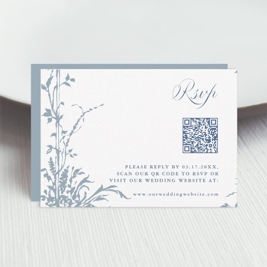 Dusty Blue Romantic Botanical Arch Garden Wedding RSVP Kaartje