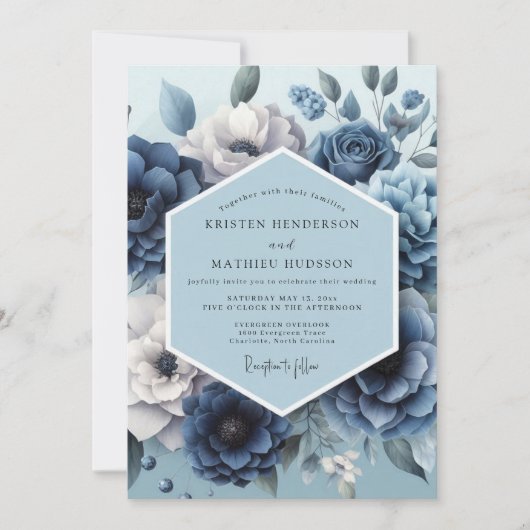 Dusty Blue Romantic Flora Wedding Kaart (Voorkant)