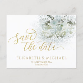 Dusty blue romantic floral gold calligraphy aankondigingskaart