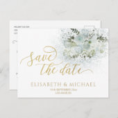 Dusty blue romantic floral gold calligraphy aankondigingskaart (Voorkant / Achterkant)