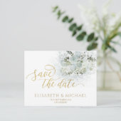 Dusty blue romantic floral gold calligraphy aankondigingskaart (Staand voorkant)