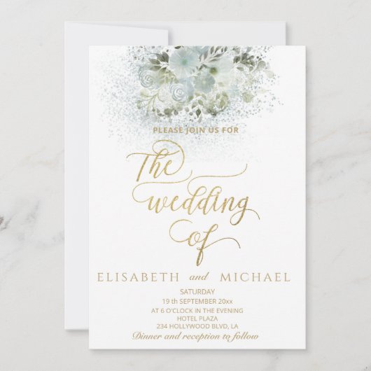 Dusty blue romantic floral gold calligraphy kaart (Voorkant)