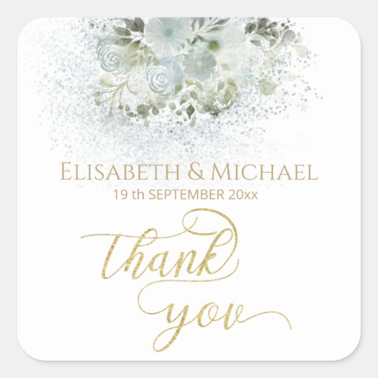 Dusty blue romantic floral gold calligraphy vierkante sticker (Voorkant)