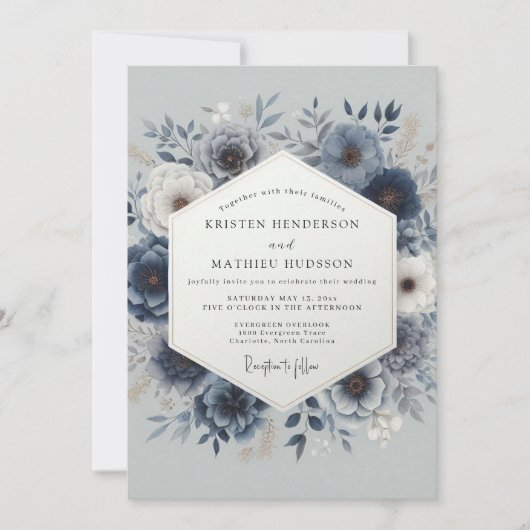 Dusty Blue Romantic Floral Wedding Kaart (Voorkant)
