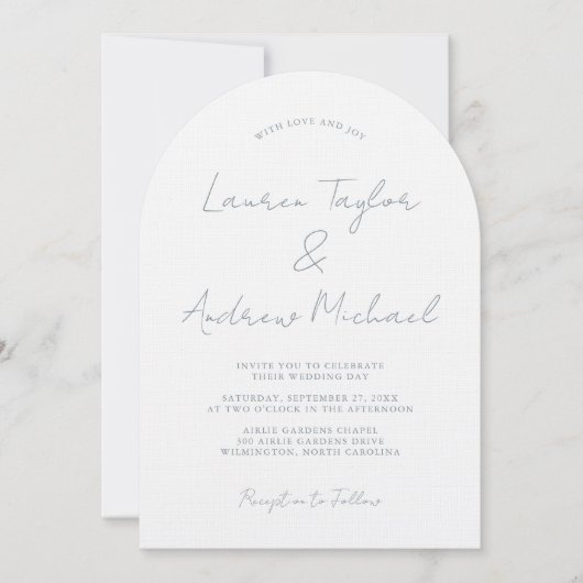 Dusty Blue Romantic Modern Arch Wedding Invitation Kaart (Voorkant)