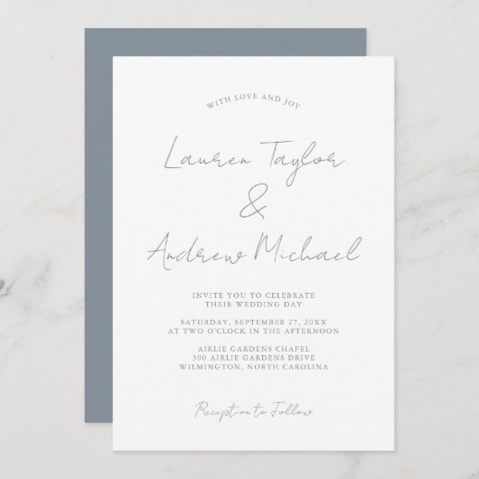 Dusty Blue Romantic Modern Wedding Invitation Kaart (Voorkant / Achterkant)