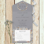Dusty Blue  Romantic Wildflower Dinner All In One Uitnodiging<br><div class="desc">OOK BESCHIKBAAR IN STIJLEN ZONDER DINNEROPTIES OF MET EEN QR-CODE Dit geïnspireerde ontwerp kenmerkt een monogram van de initialen van het stel omringd door een prachtige poot van delicate bloemen in stoffige periwinkle blauw, maroon, lavendel, stoffige roze, ivoor, zacht geel en groen. De stoffige blauwe achtergrond heeft een verouderde, gekraakte...</div>