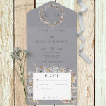 Dusty Blue  Romantic Wildflower No Dinner All In One Uitnodiging<br><div class="desc">OOK BESCHIKBAAR IN STIJLEN MET DINEROPTIES OF MET EEN QR-CODE. Dit geïnspireerde ontwerp kenmerkt een monogram van de initialen van het stel omringd door een prachtige massa delicate natuurbloemen in stoffige periwinkle blauw, maroon, lavendel, stoffige roze, ivoor, zacht geel en groen. De stoffige blauwe achtergrond heeft een verouderde, gekraakte verschijning....</div>