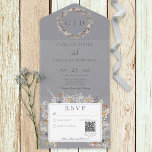 Dusty Blue  Romantic Wildflower QR-code All In One Uitnodiging<br><div class="desc">BESCHIKBAAR MET OF ZONDER QR-CODE. Dit geïnspireerde ontwerp kenmerkt een monogram van de initialen van het stel omringd door een prachtige massa delicate natuurbloemen in stoffige periwinkle blauw, maroon, lavendel, stoffige roze, ivoor, zacht geel en groen. De stoffige blauwe achtergrond heeft een verouderde, gekraakte verschijning. Een andere wildbloemboeket in de...</div>