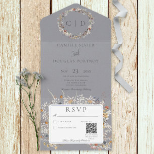 Dusty Blue  Romantic Wildflower QR-code All In One Uitnodiging