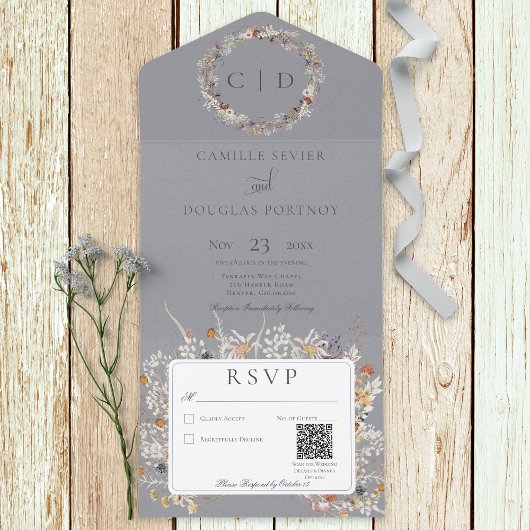 Dusty Blue Romantic Wildflower QR-code All In One Uitnodiging