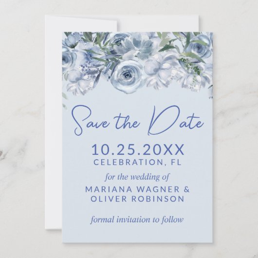 Dusty Blue Romantische Bloemen Save the Date Kaart (Voorkant)