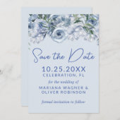 Dusty Blue Romantische Bloemen Save the Date Kaart (Voorkant / Achterkant)